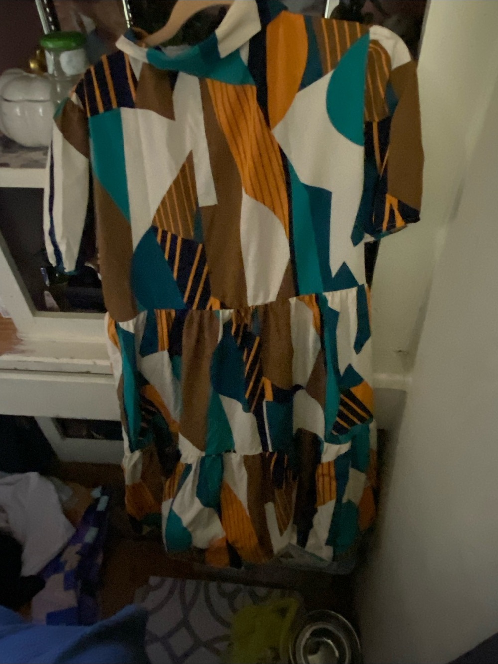 Geometric Abstract Print Shirt Dress Multicolor in teal brown